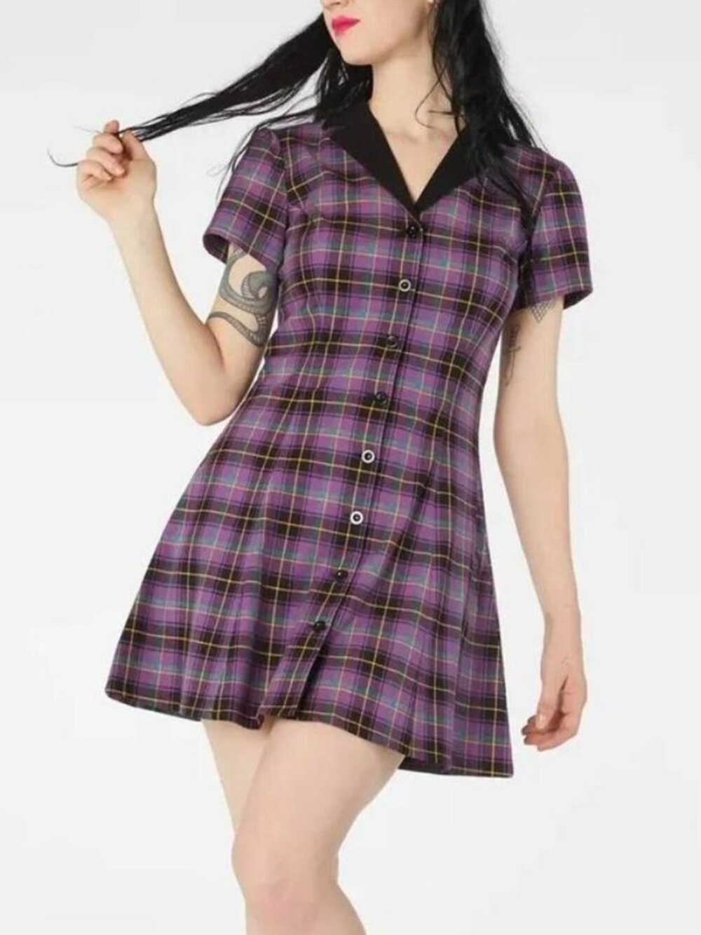 Dangerfield Purple Plaid Skater Dress XL Mini Cotton Short Sleeves Punk Grunge